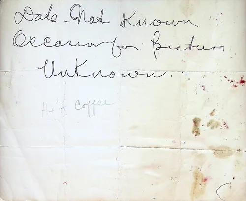 Verso: Date and occasion unknown — Handwritten verso in ink reading "Date - Not Known" / "Occasion for picture Unknown." with "H & H Coffee" written below in faint pencil. The paper is folded and stained.
