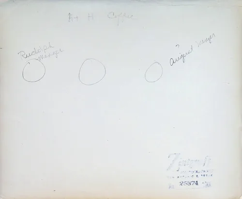 Verso: Rudolph and August Menger — Verso with pencil notes above three circled head positions. Top reads "H + H Coffee [?]". A circled figure at left is labeled "Rudolph Menger"; a figure at right is labeled "? August Menger". Photographer's stamp: "Zintgraff PHOTOGRAPHERS SAN ANTONIO 2, TEXAS No. 25874".