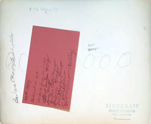 Verso: H & H Coffee Co identifications — Verso of a group photo with a pink card affixed and circled head positions. Pencil note at top: "H & H Coffee Co". Side note: "Barbara (Murphy) Burkholder [?]" and "Louis Menge [?]". The pink card is captioned "Make Copy / Pictured on left:" followed by a list of names that is partly legible, including "Louis [?] Menger", "...Menger", "...daughter", "...Menger", "...Burkholder [?] Holliday [?]".