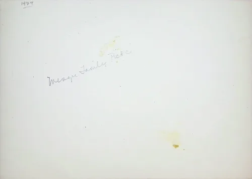 Verso: Menger Family Picnic — 1939 — Blank photo back with pencil inscription "Menger Family Picnic" and "1939" written at the top left corner; light staining.