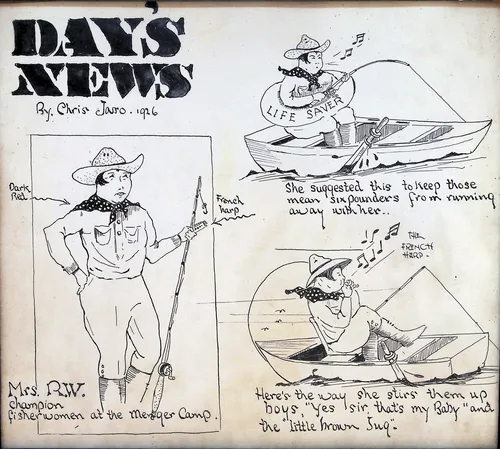 "Day's News" cartoon, Menger Camp — 1926 — Pen-and-ink cartoon page titled "DAY'S NEWS / By: Chris Jaro[?] . 1926" showing a person in cowboy hat fishing and rowing a "LIFE SAVER" boat. Captions reference "Mrs. R.W. champion fisher-women at the Menger Camp." and keeping the "six pounders" from running away; labels point to "Dark Red" and "French harp".