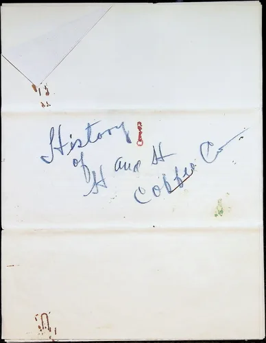 Verso: History of H and H Coffee Co — Folded blank sheet with blue cursive inscription "History of H and H Coffee Co" and a small red mark; another view of the same titled document cover with corner stains.