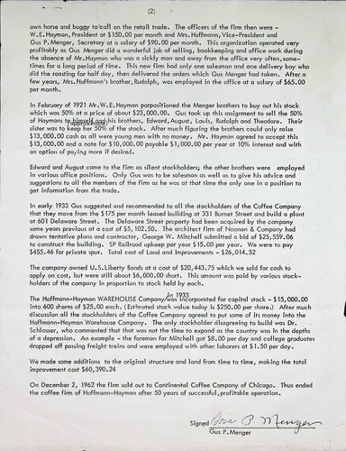 Hoffmann-Hayman history, page 2 — 1962 — Typed page (2) continuing the company history with officers W. E. Hayman (President), Mrs. Hoffmann (Vice-President), and Gus P. Menger (Secretary); the 1921 buyout of Hayman's stock by the Menger brothers; the 1933 plant at 601 Delaware Street; and the Hoffmann-Hayman Warehouse Company. Closes: "On December 2, 1962 the firm sold out to Continental Coffee Company of Chicago. Thus ended the coffee firm of Hoffmann-Hayman after 50 years..." Signed "Gus P. Menger".