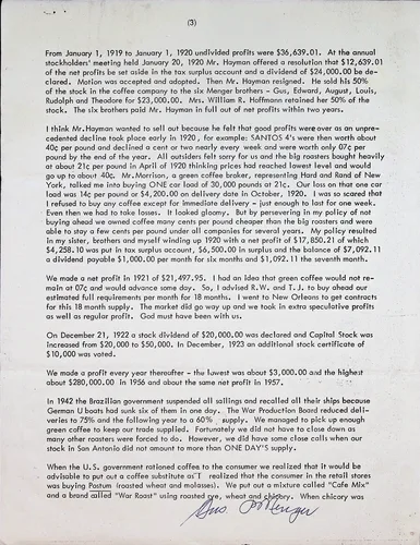 Coffee Co. history, page 3 — 1957 — Typed page "(3)" of the company history. Covers undivided profits 1919-1920 ($36,639.01), a January 20, 1920 stockholders' resolution and $24,000 dividend, the brothers paying Mr. Hayman in full within two years, coffee buying, the 1942 Brazilian shipping suspension, and "Cafe Mix" / "War Roast" using roasted rye, wheat and chicory. Signed in ink "Gus P. Menger".