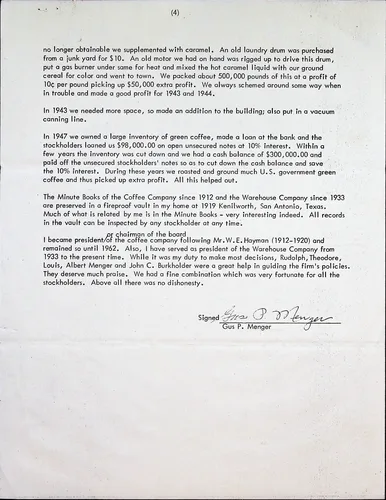 Coffee Co. history, page 4 — Typed page "(4)" continuing the history (events of 1942, 1943, 1947). States the Minute Books since 1912 (and Warehouse Company since 1933) are preserved in a fireproof vault at "1919 Kenilworth, San Antonio, Texas", and that Gus became president following W. E. Hayman, remaining so until 1962. Signed "Gus P. Menger".