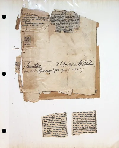 Menger family obituary clippings — 1887 — Scrapbook page of pasted German and English newspaper clippings about the Menger family. A handwritten caption reads "Gustav / Rudolph / Wilhelm" with dates "(bor. 20th Sept 1889)(25 April 1892)". A "Died." clipping begins "October 12th, 1887, Julius Oscar Menger... born in Boath[?], Germany, came with his parents to Texas... October, 1860, went in the 6th Texas regiment under Major Pyron[?]..." Other fragments mention Dr. Rudolph Menger and Simon Menger, founder of the Menger Soap Works.