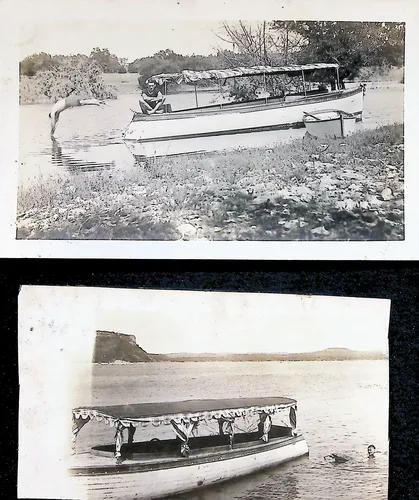 Two photos of a launch boat — Two black-and-white photographs of a long canopy-topped launch (excursion boat) on a river or lake. The top image shows the boat near a rocky shoreline with a person aboard; the lower image shows it on open water with hills behind and two swimmers nearby. No text visible.
