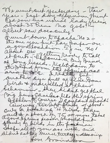 Turkey hunting letter, page 2 — Page 2 of the hunting letter, beginning "We went out yesterday - New Years - last day afternoon hunt..." Continues describing the hunt at "apache No 2" and "No 1", a big bunch of long beards, and "Only a total of 4 birds taken out of a stock of 75 or more total", closing "Hope all of you are well, and didn't eat too much turkey + dressing. Love Grandpa".