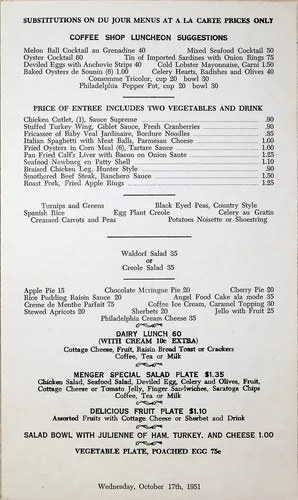 Menger restaurant menu, October 1951 — 1951-10-17 — Printed restaurant menu page headed "SUBSTITUTIONS ON DU JOUR MENUS AT A LA CARTE PRICES ONLY" with "COFFEE SHOP LUNCHEON SUGGESTIONS". Includes a "MENGER SPECIAL SALAD PLATE $1.35" and is dated at the bottom "Wednesday, October 17th, 1951."