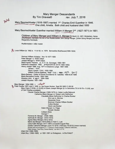 Mary Menger Descendants (genealogy) — 2016-07-07 — Typed genealogy chart "Mary Menger Descendants By Tim Draves© rev. July 7, 2016" beginning "Mary Baumschlueter (1816-1887) married 1st Charles Emil Guenther in 1846... married William A Menger 2nd (1827-1871) in 1851." Lists many descendants including Louis William, Mary Menger, and Peter Gustav Menger. Handwritten note "Hotel" at left and several date corrections.