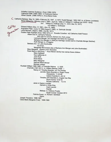Menger genealogy (continued) — Second page of the typed genealogy listing descendants such as "Achatius Joannes Gustavus (Gus) (1892-1975)", "Catherine Barbara May 19, 1880-February 20, 1947. m 1879 Rudolf Menger 1852-1921", "Maria Wilhelmina (Minnie)", "Gustav Peter Rudolph", "Rudolph William 1892-1985 m Charlotte Malone d. 1935", down to recent generations. Handwritten notes in the left margin read "Coffee generation" and "C."